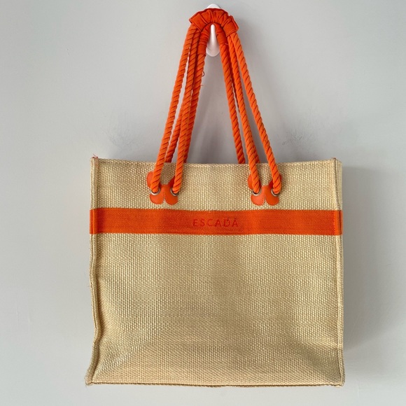Escada Handbags - Escada Straw Woven Beige Orange Rope Strap Beach Large Tote Bag Purse